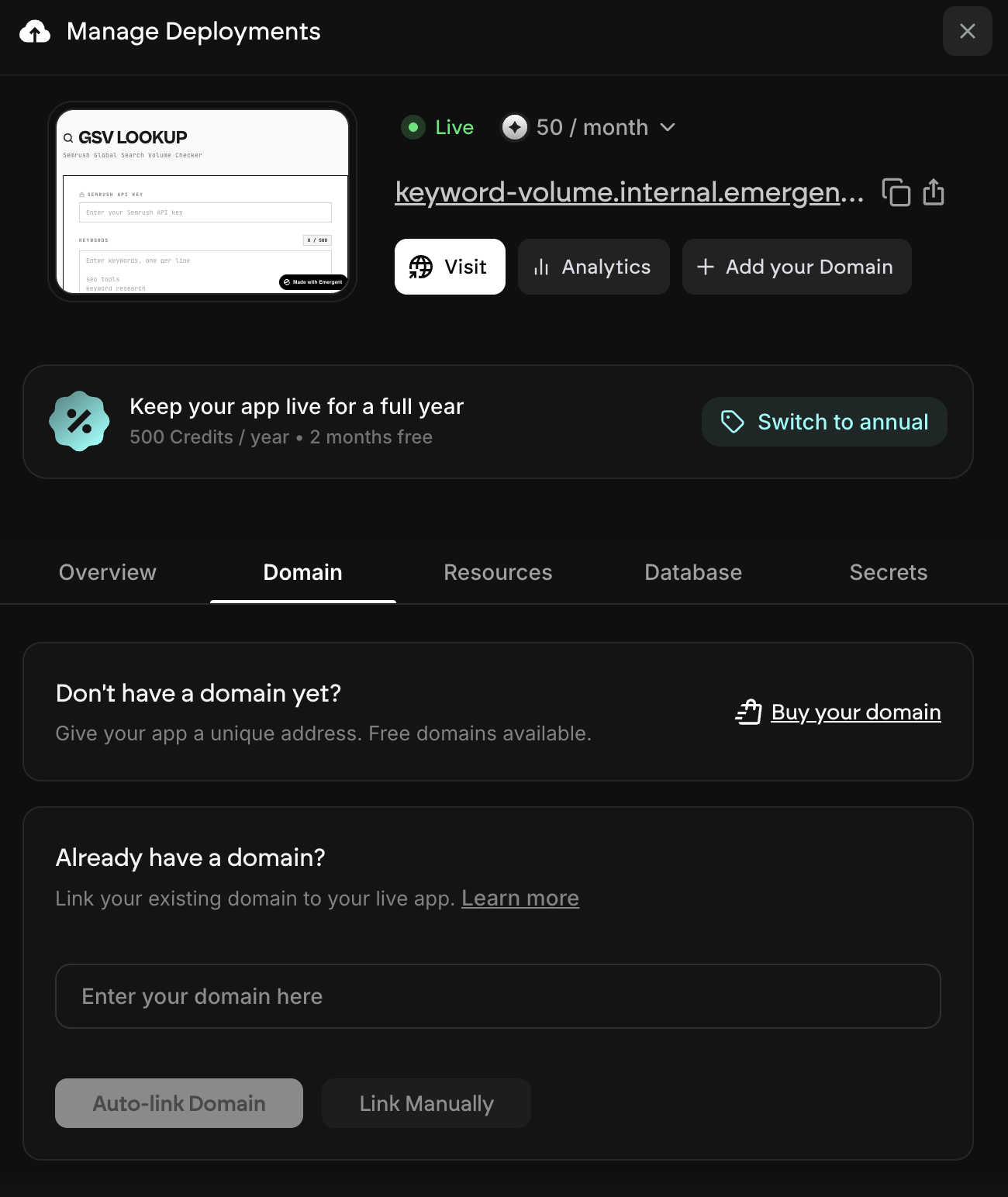 open custom domain section