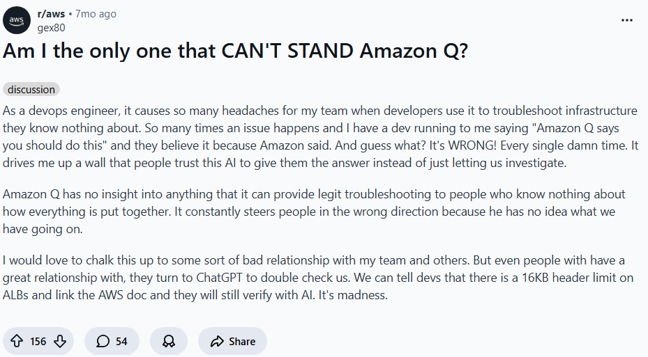 Reddit post on Amazon q developer