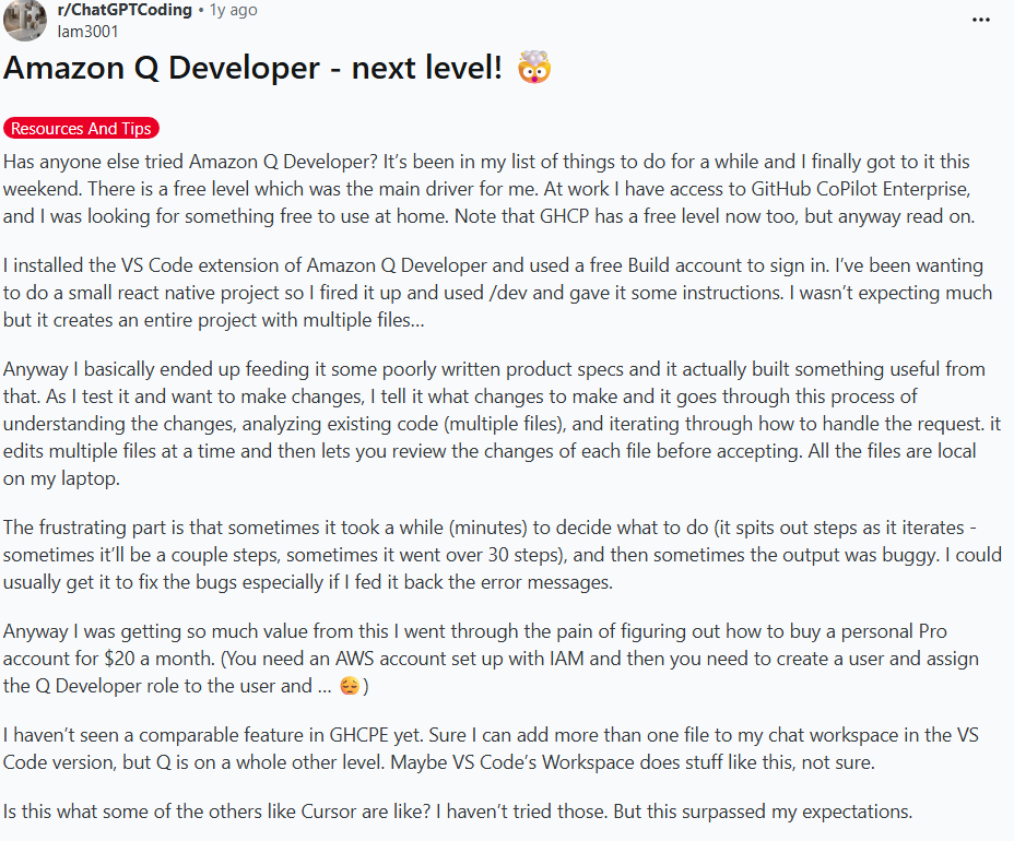 Reddit Post on Amazon Q Developer