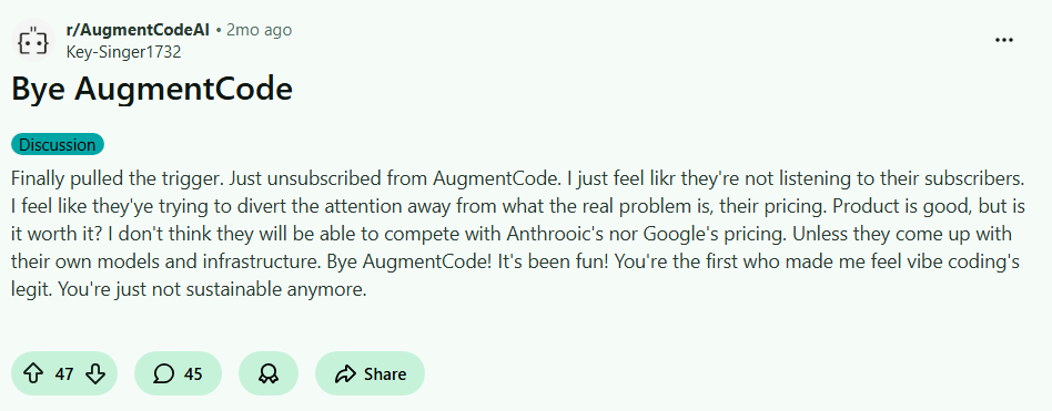 Reddit Post on Augment Code