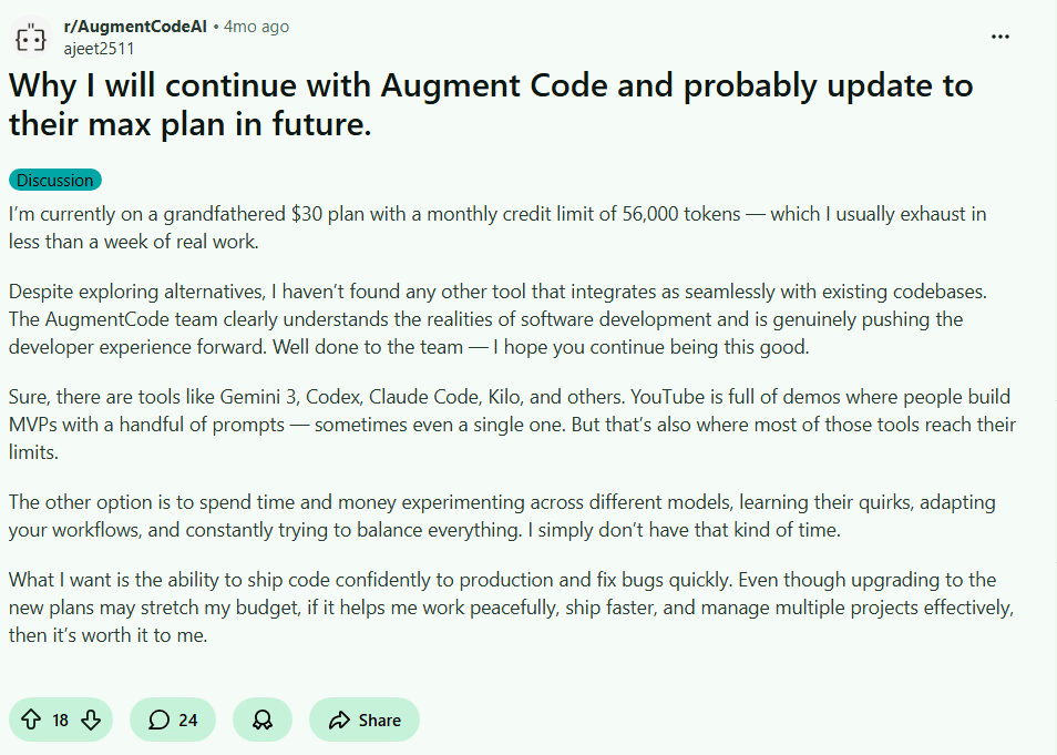 Reddit Post on Augment Code