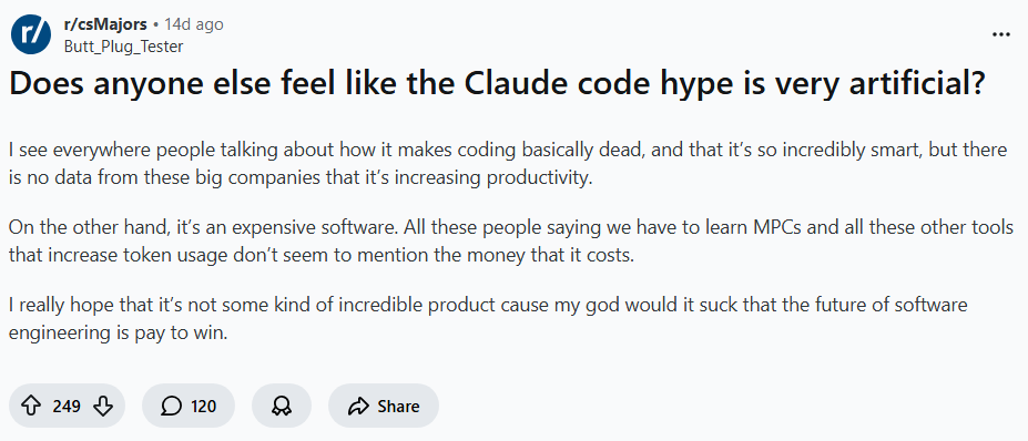 Reddit post on Claude code hype is very artificial