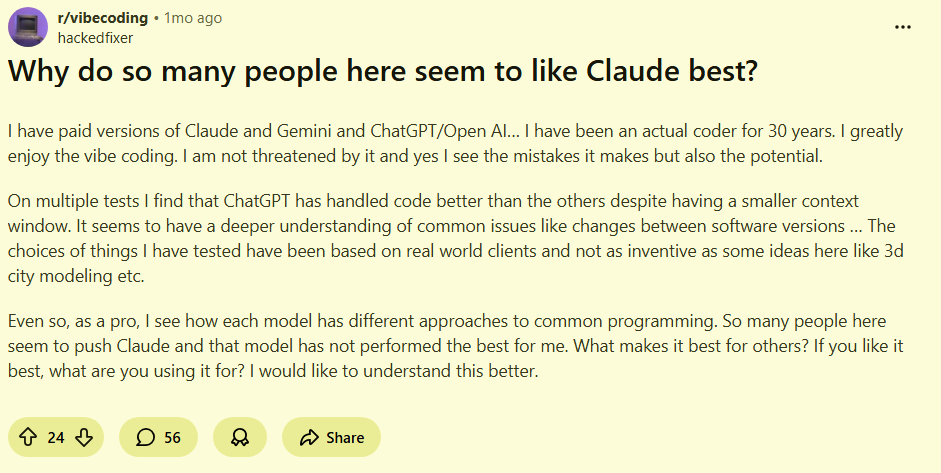 Reddit Post on Claude code why It genuinely feels smarter than typical coding assistants 