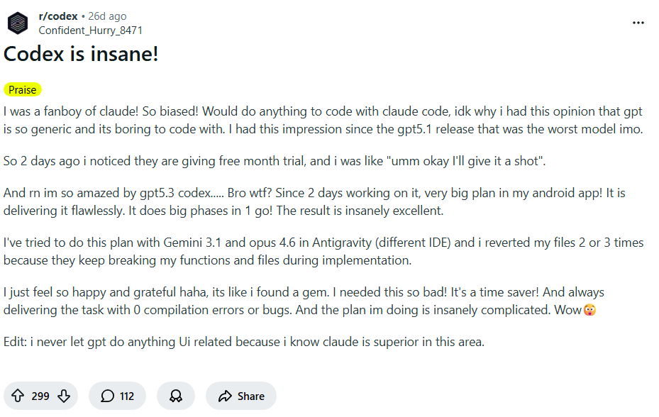 Reddit Post on Codex