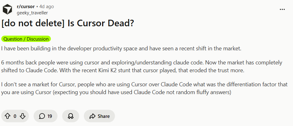 Reddit Post on Cursor