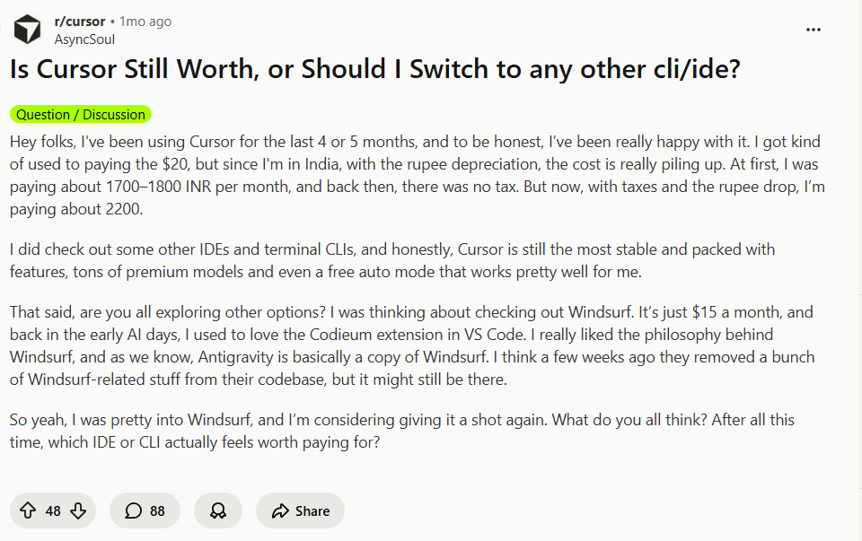 Reddit Post on Cursor