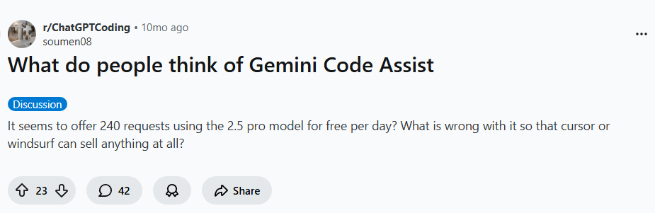 Reddit Post on Gemini Code Assist