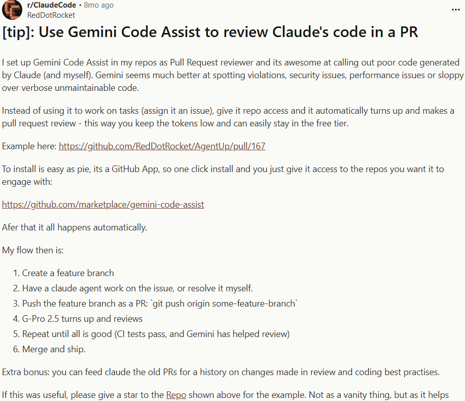 Reddit Post on Gemini Code Assist