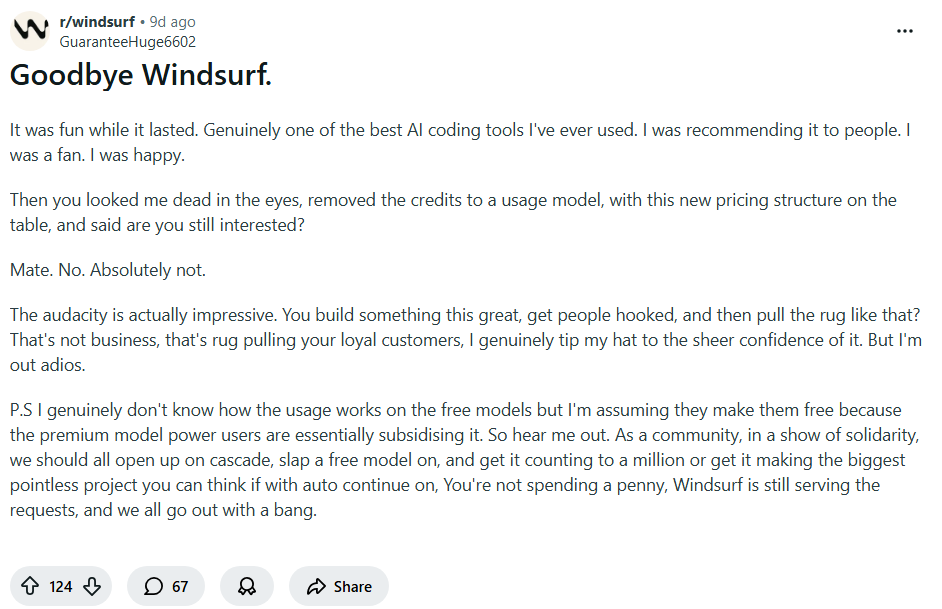 Reddit Post on Windsurf 