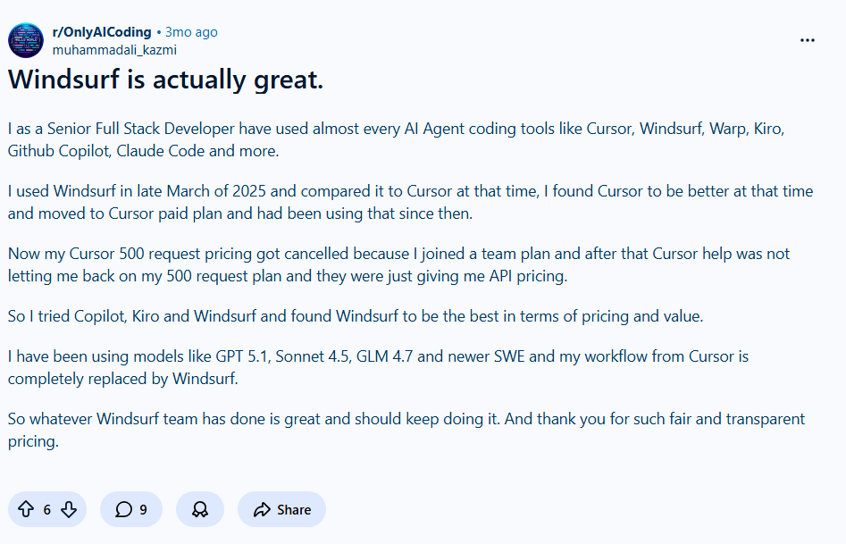 Reddit post on Windsurf 