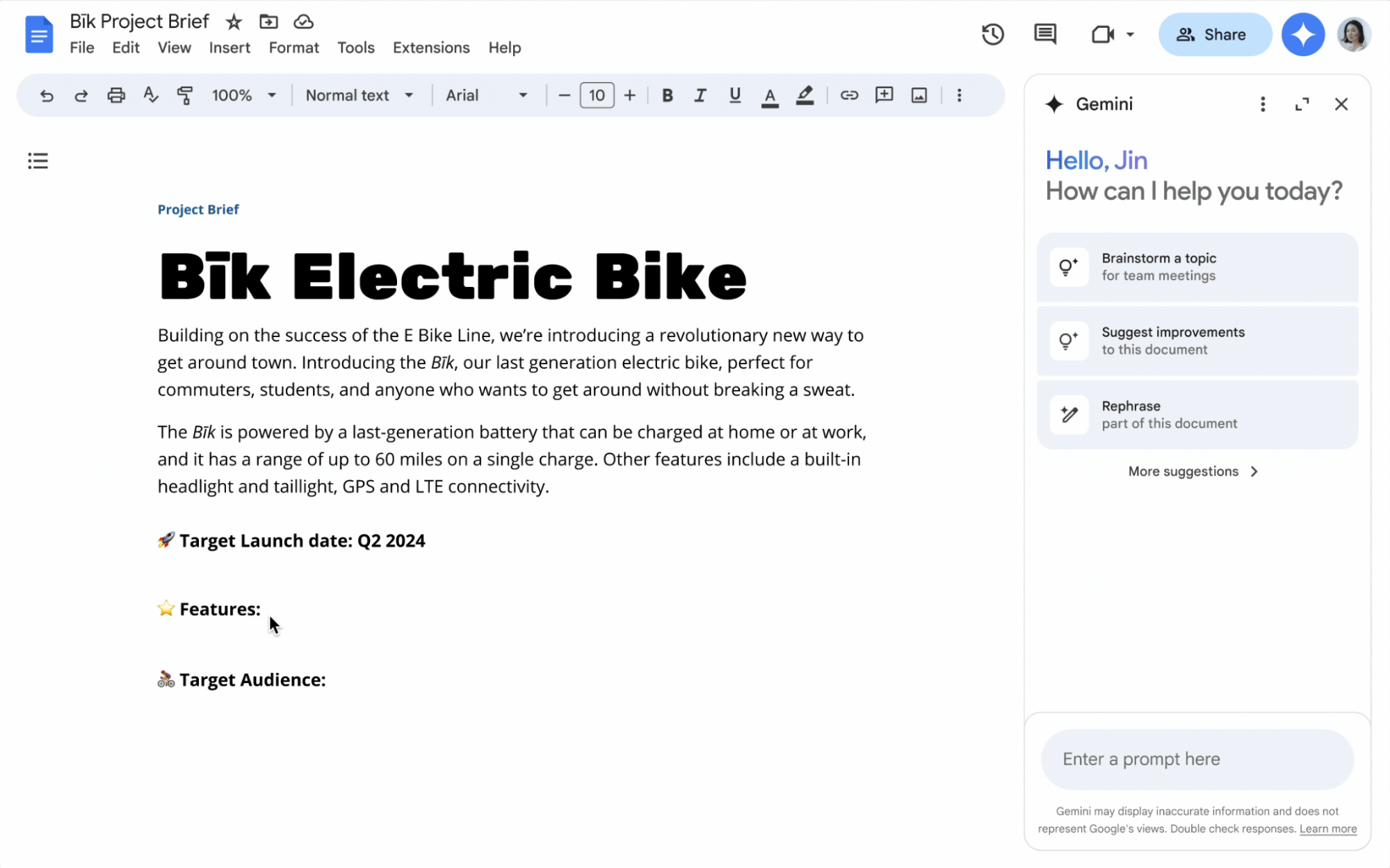 bik electric bike project brief in google docs