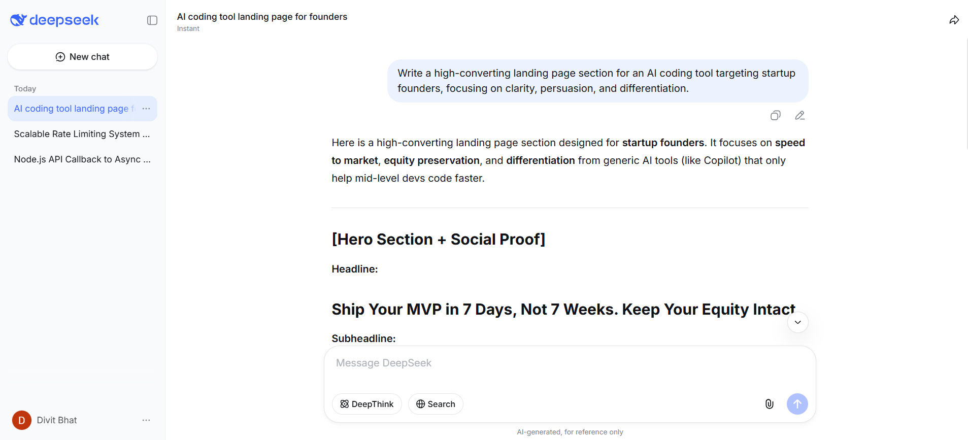 deepseek output for content creation and writing