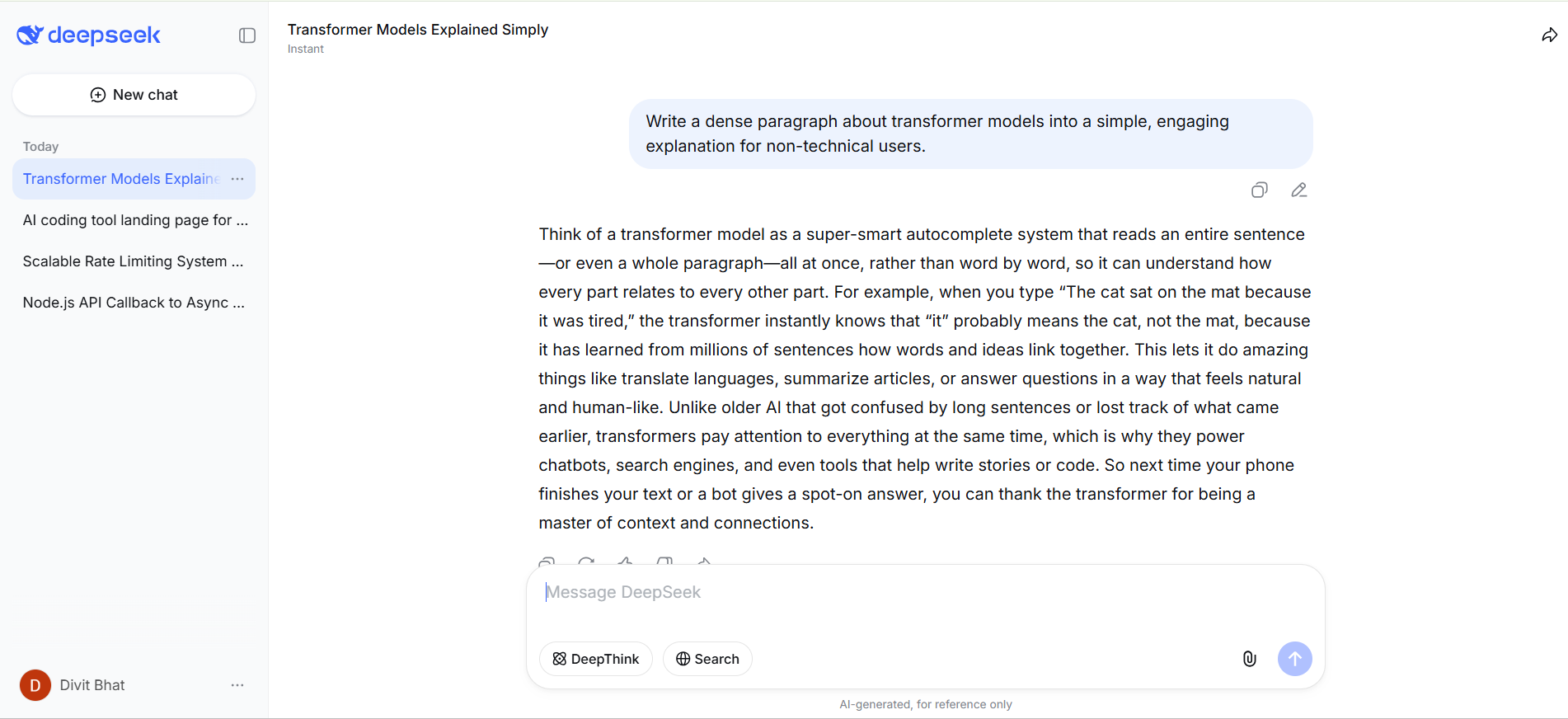 deepseek output for transformer models