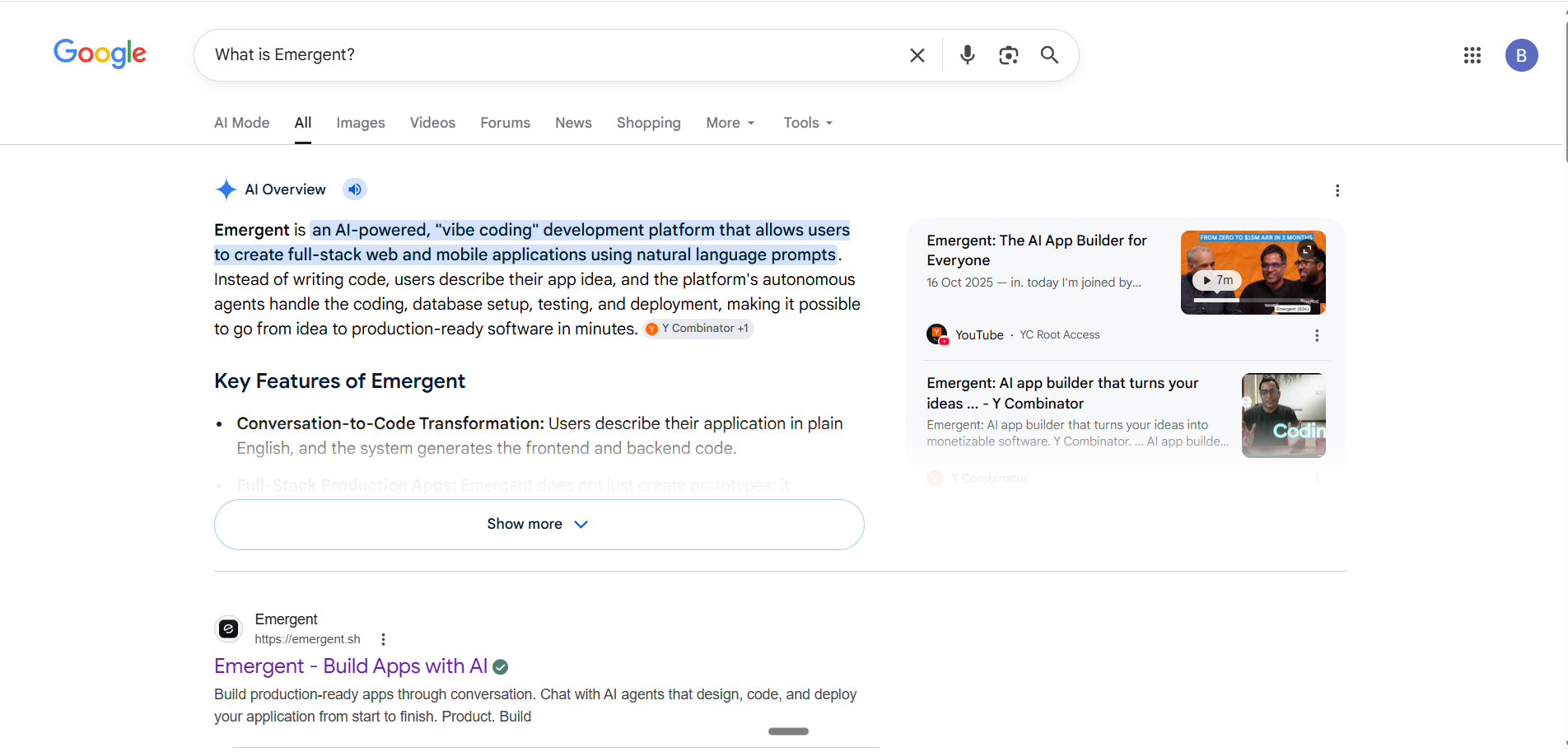 Emergent AI definition on Google