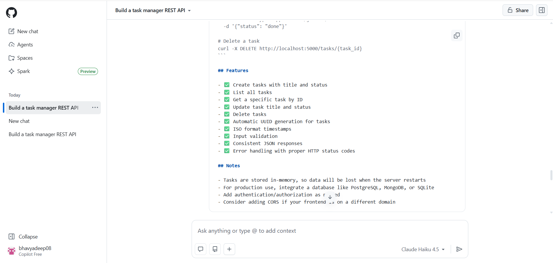 github copilot output for building a simple rest api
