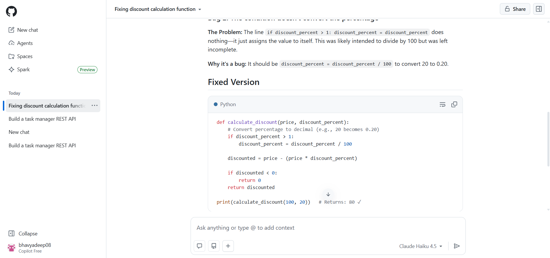github copilot output for fix a broken function