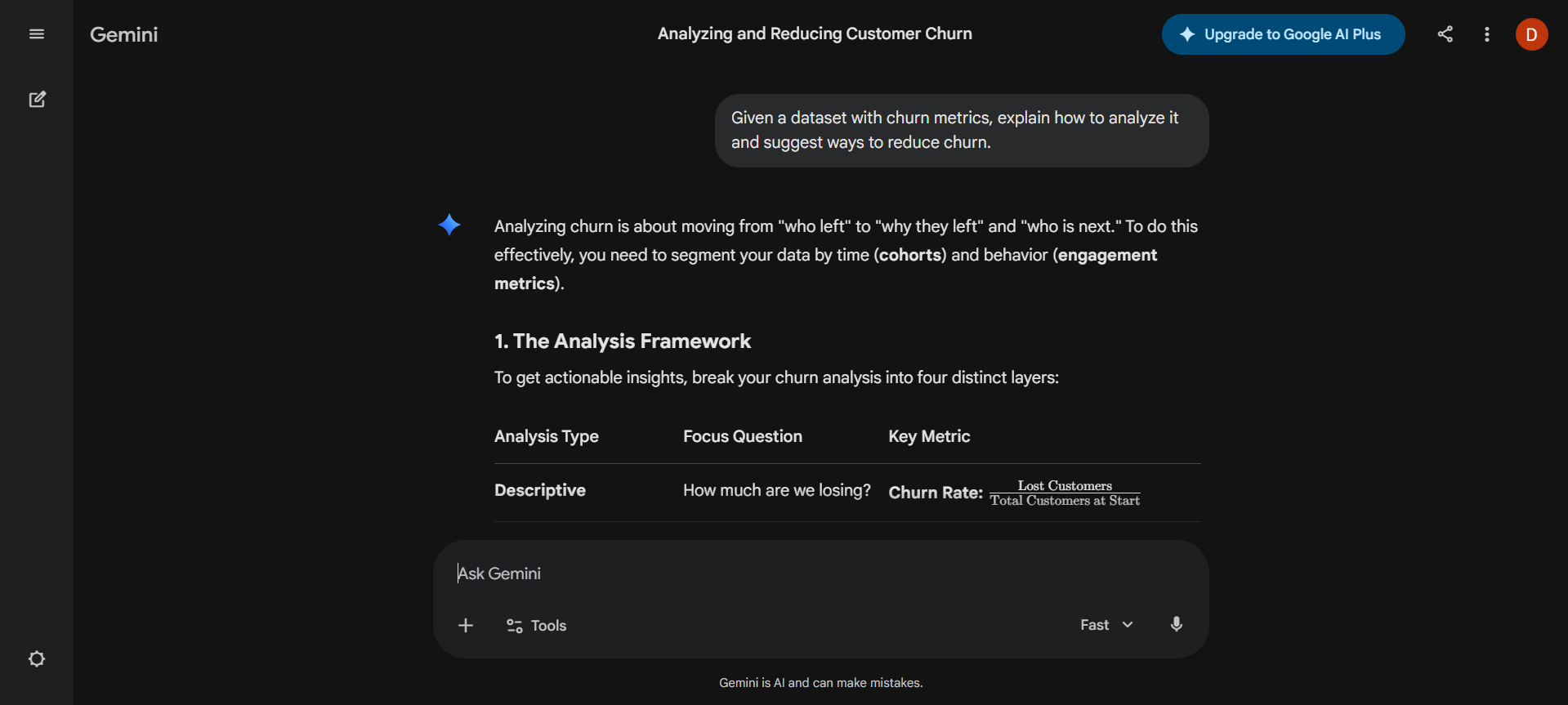 Gemini AI churn analysis for data analyst task