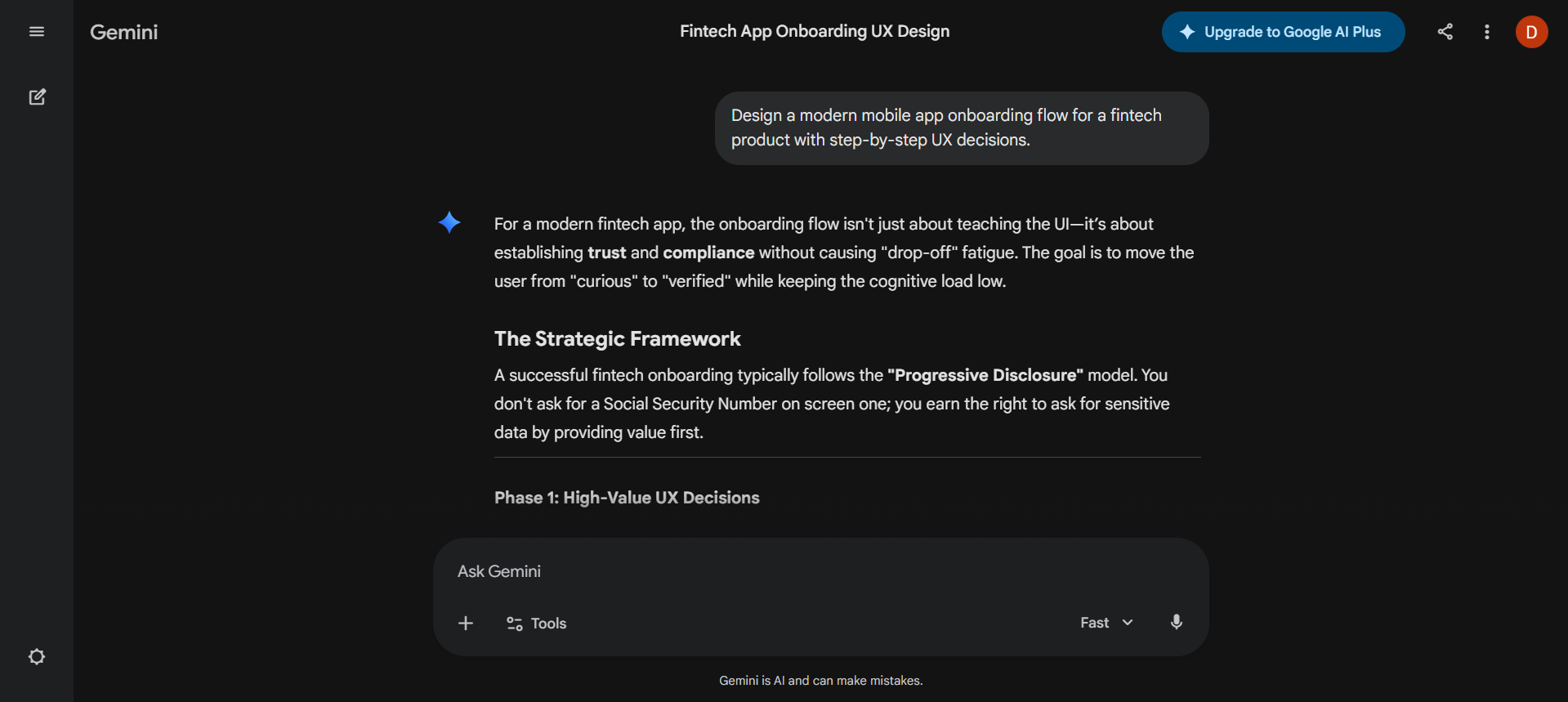 Gemini AI Designers task response on Fintech onboarding flow UX design by AI 
