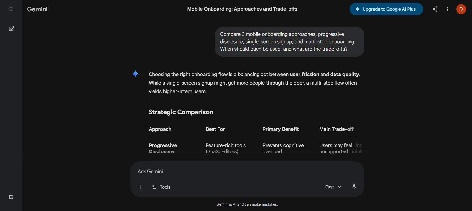 Gemini AI Designers task response on Mobile onboarding approaches comparison by AI