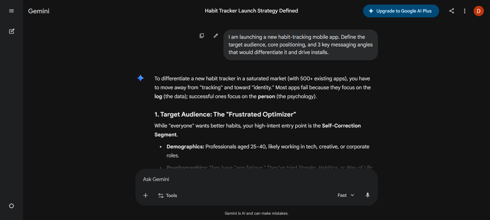 Gemini AI Marketers task response on habit tracking mobile app launch