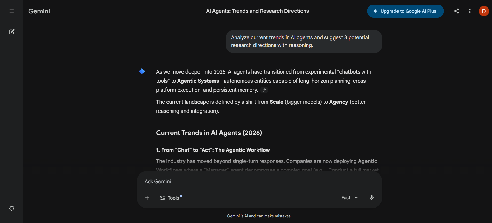 Gemini AI research task output on AI agents