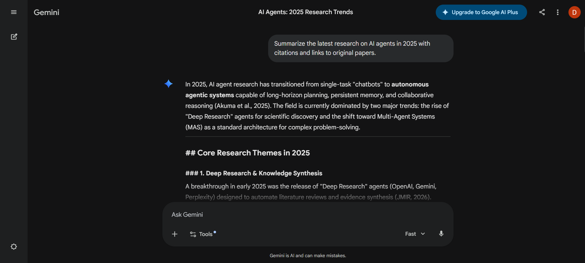Gemini AI Research task response on AI Agents