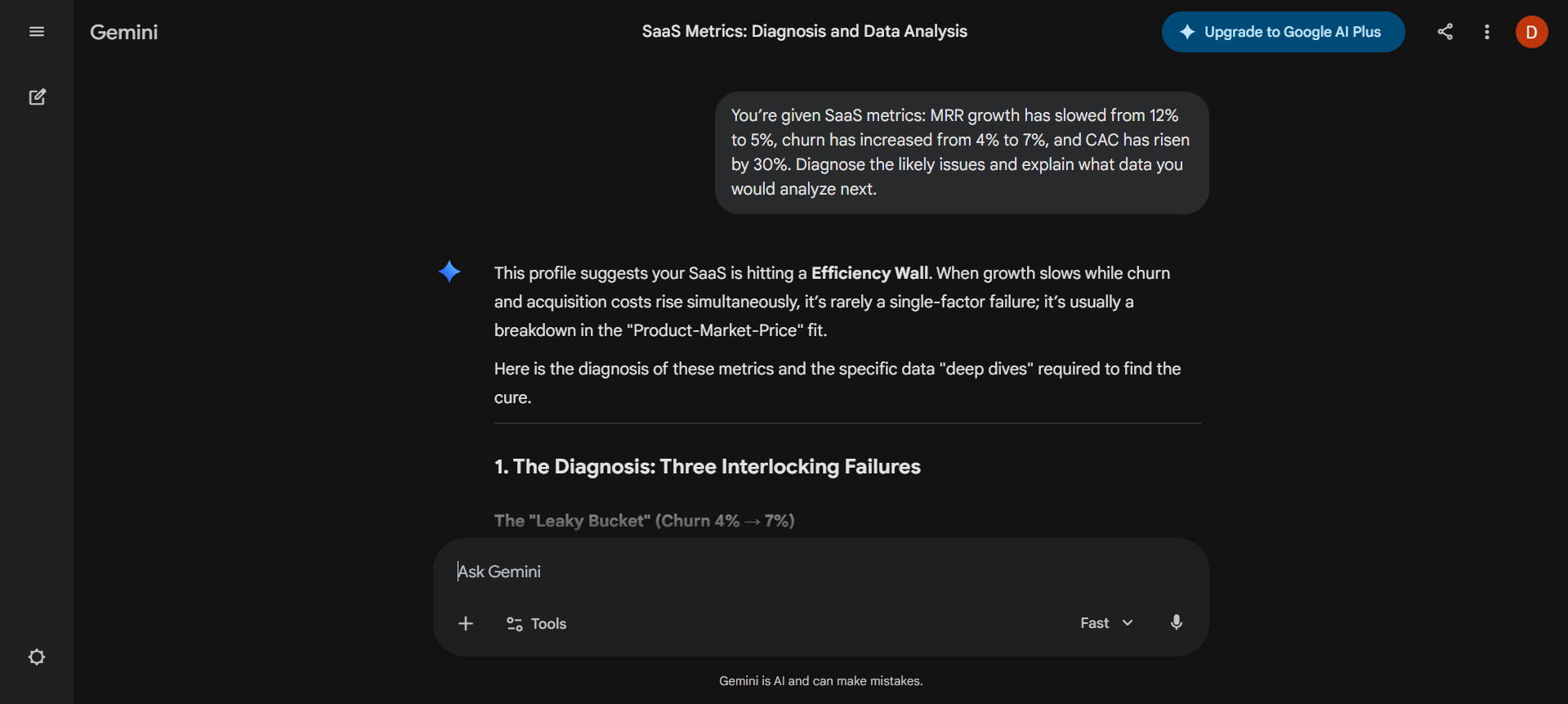 Gemini AI SaaS metrics diagnosis for data analyst task