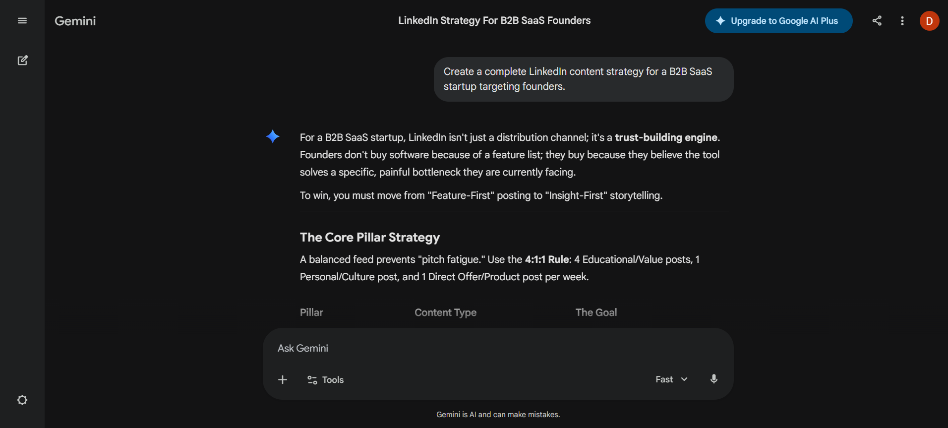 Gemini Marketers task response on linkedin content strategy