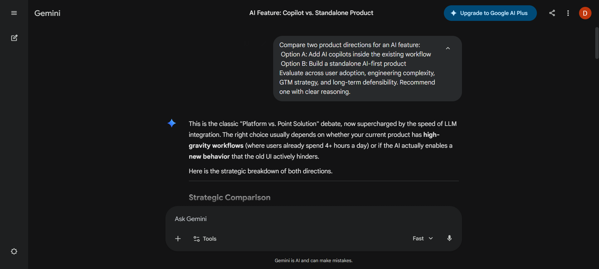 Gemini AI output comparing two AI product feature directions