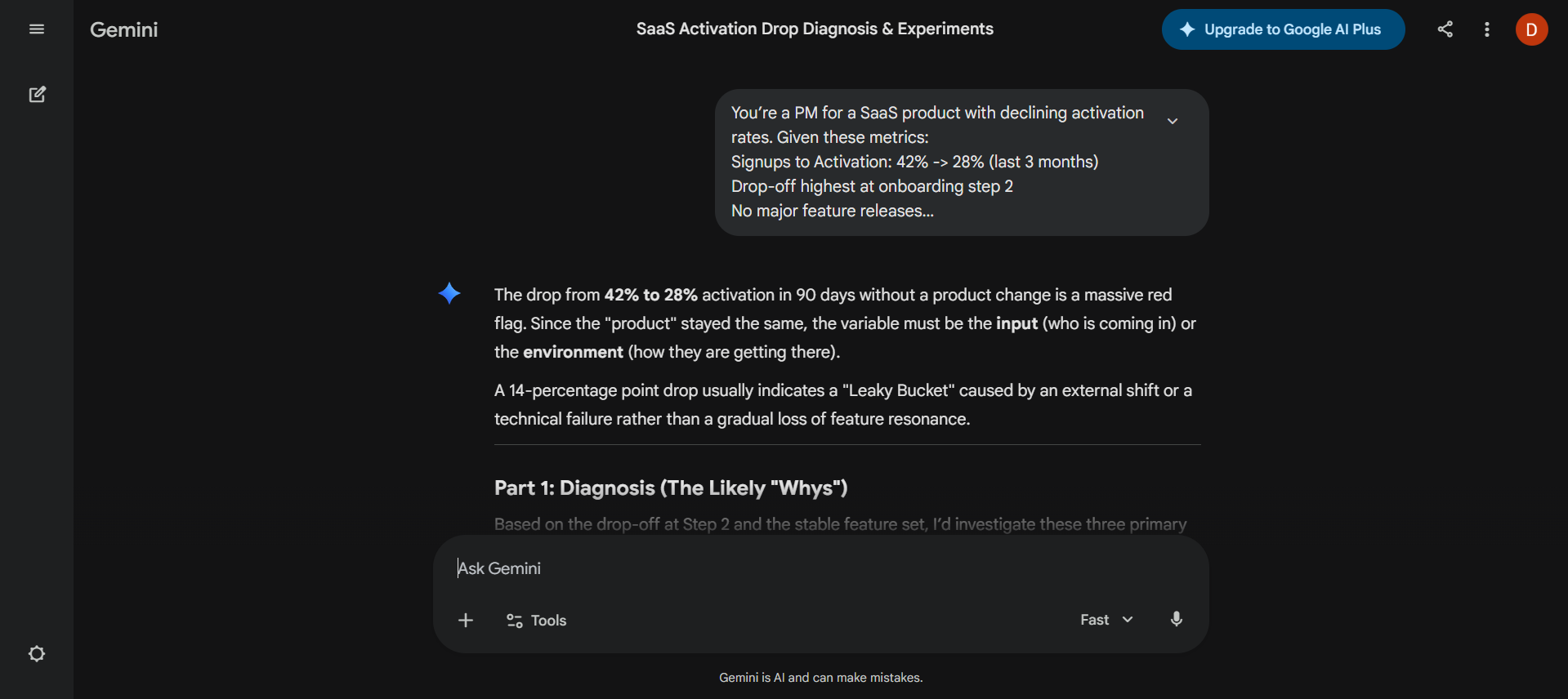 Gemini AI product manager analysis of SaaS activation decline