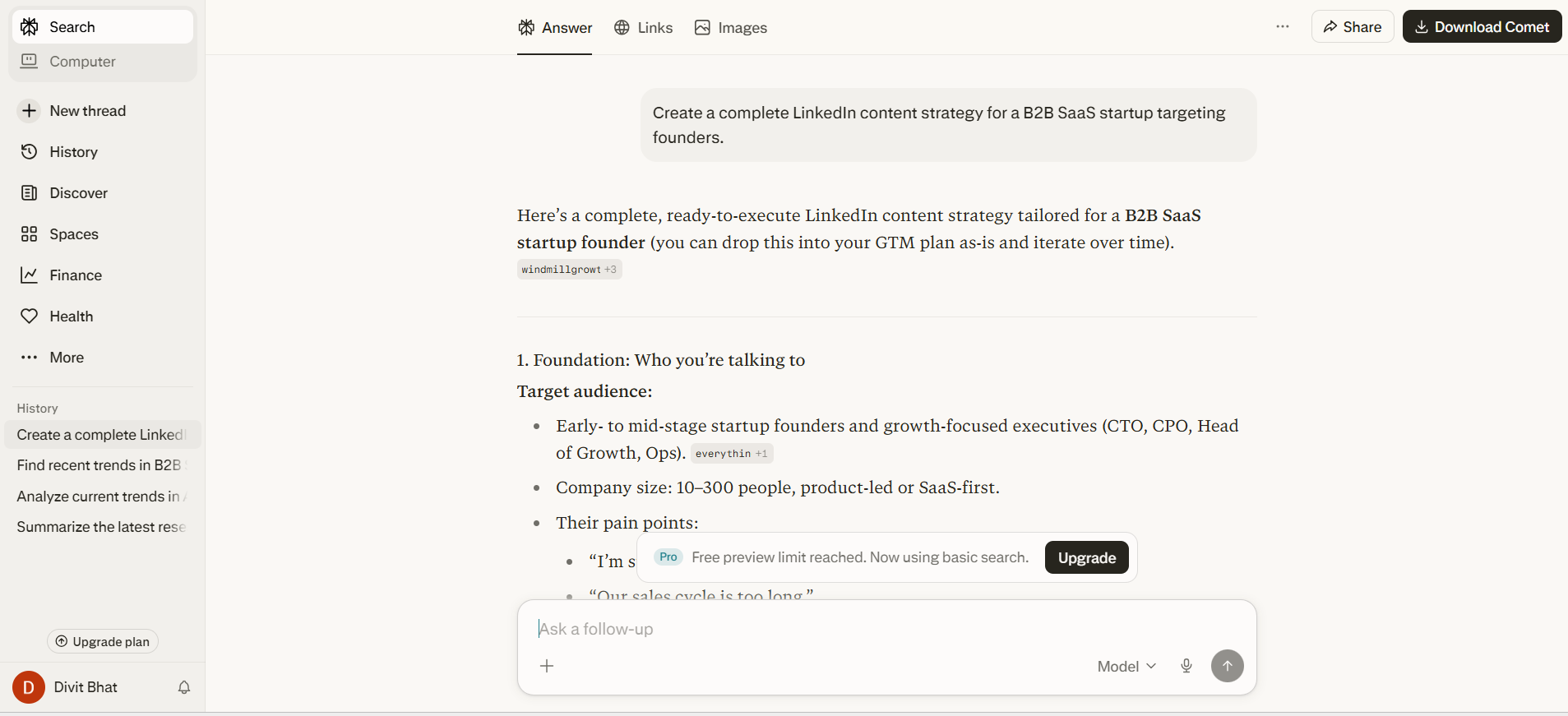 Perplexity AI Marketers task response on linkedin content strategy