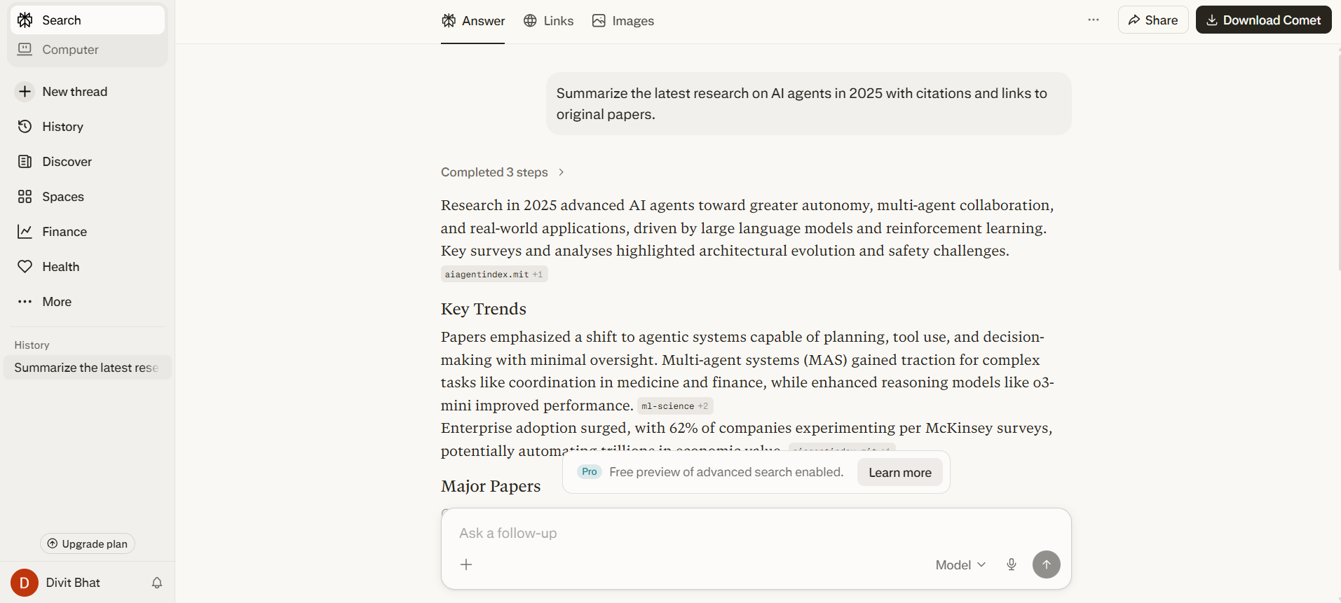 Perplexity AI Research task response on AI Agents