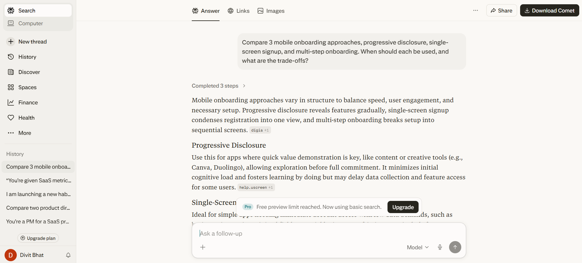 Perplexity AI response comparing mobile onboarding approaches