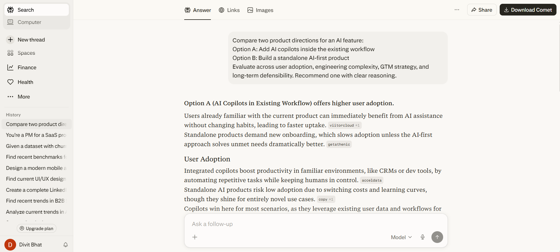 Perplexity AI output comparing two AI product feature directions