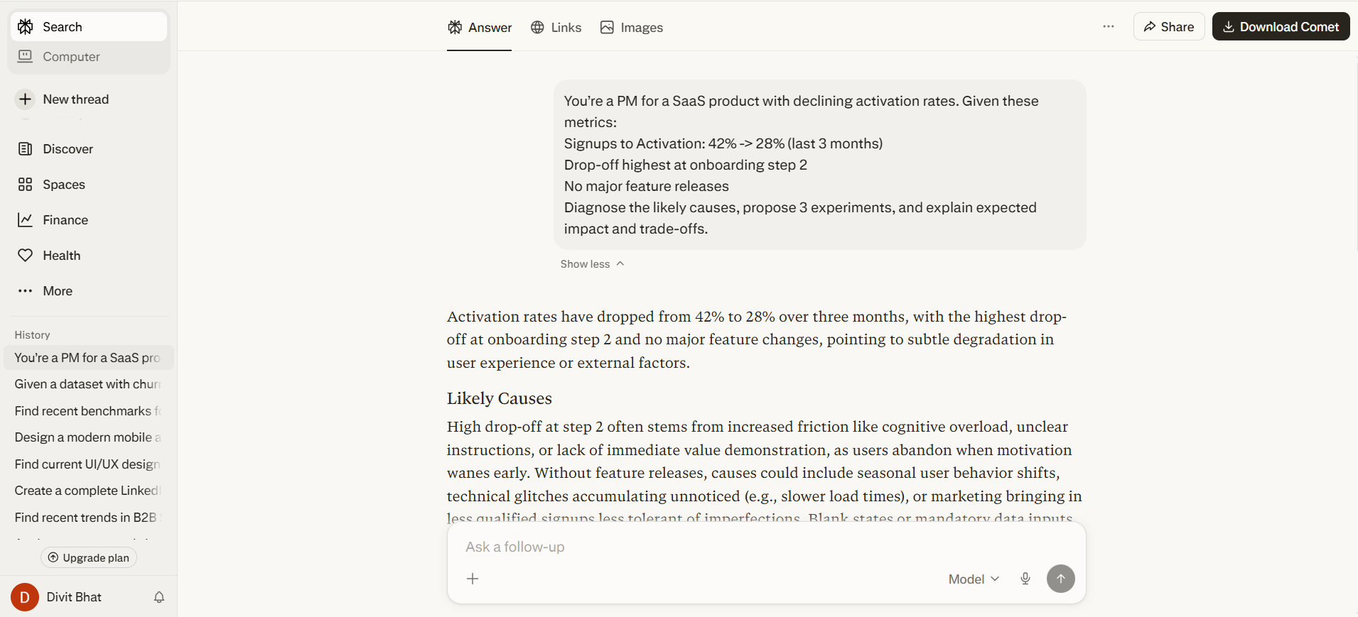 Perplexity AI product manager analysis of SaaS activation decline