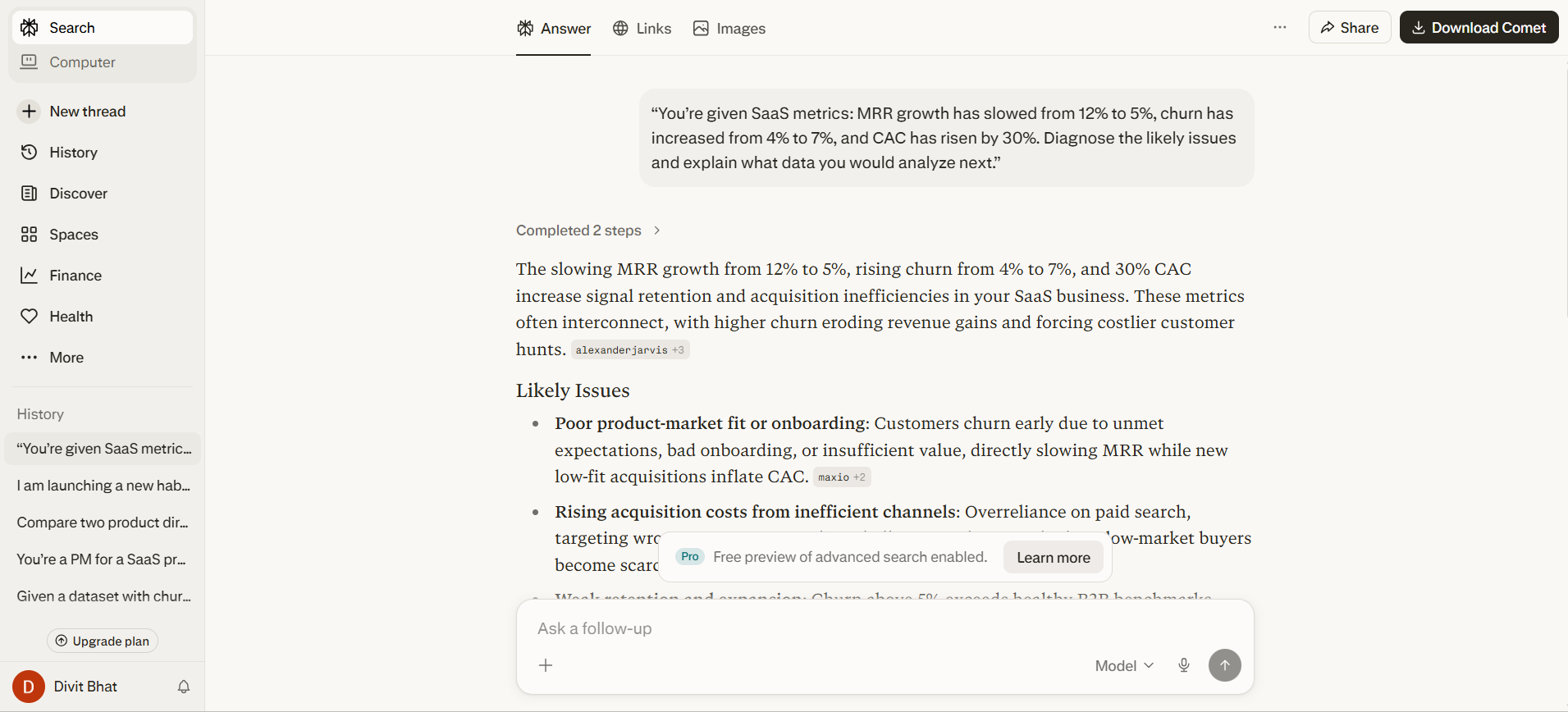 Perplexity AI SaaS metrics diagnosis for data analyst task